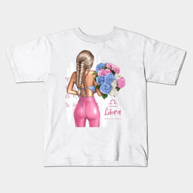 Libra Girl Pink Outfit Flowers Kids T-Shirt by AllessyArt 